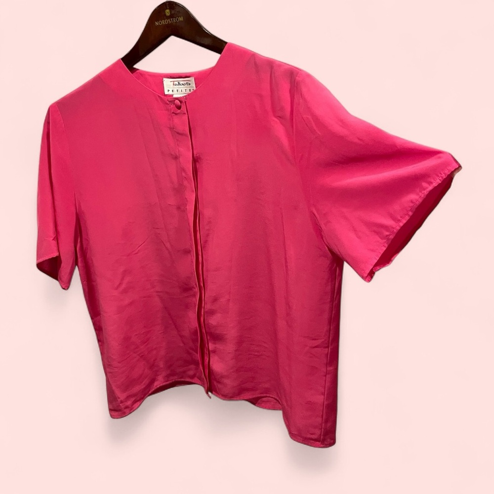 Cute pink silky button front blouse short sleeve bubblegum Talbots